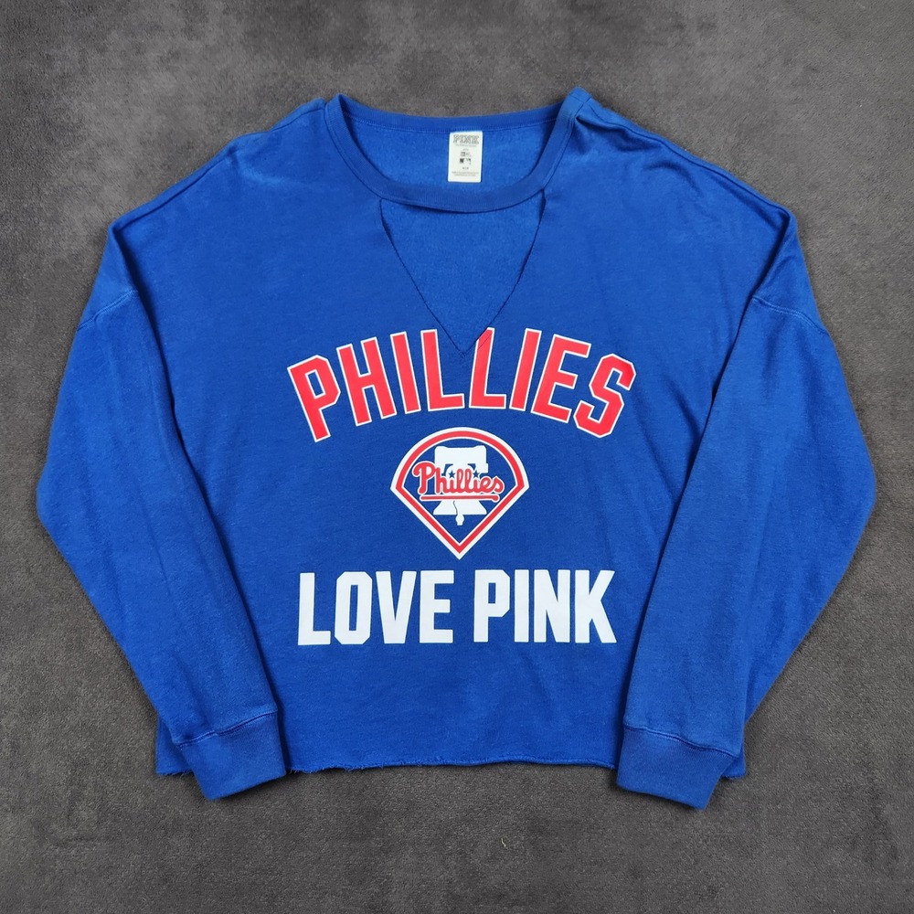 PINK‎ Philadelphia Phillies Sweatshirt Womens Medium Blue V-Neck Cutout Raw Hem